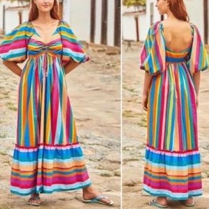 Farm Rio x Anthropologie Rainbow Stripe XS 0 / 2 Blue Pink Silky Midi Dress